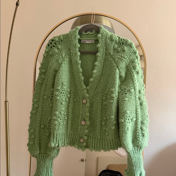 Zara Sweaters - Zara Light Green Knit Cardigan with Floral Details